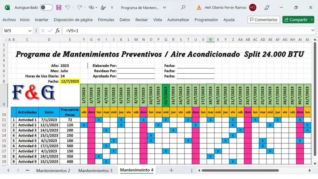 Elaboración de Programa de Mantenimiento Mes por Mes y Frecuencia en Horas  de Uso - Plantilla Super